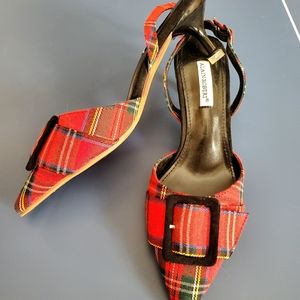 Red plaid kitten heels